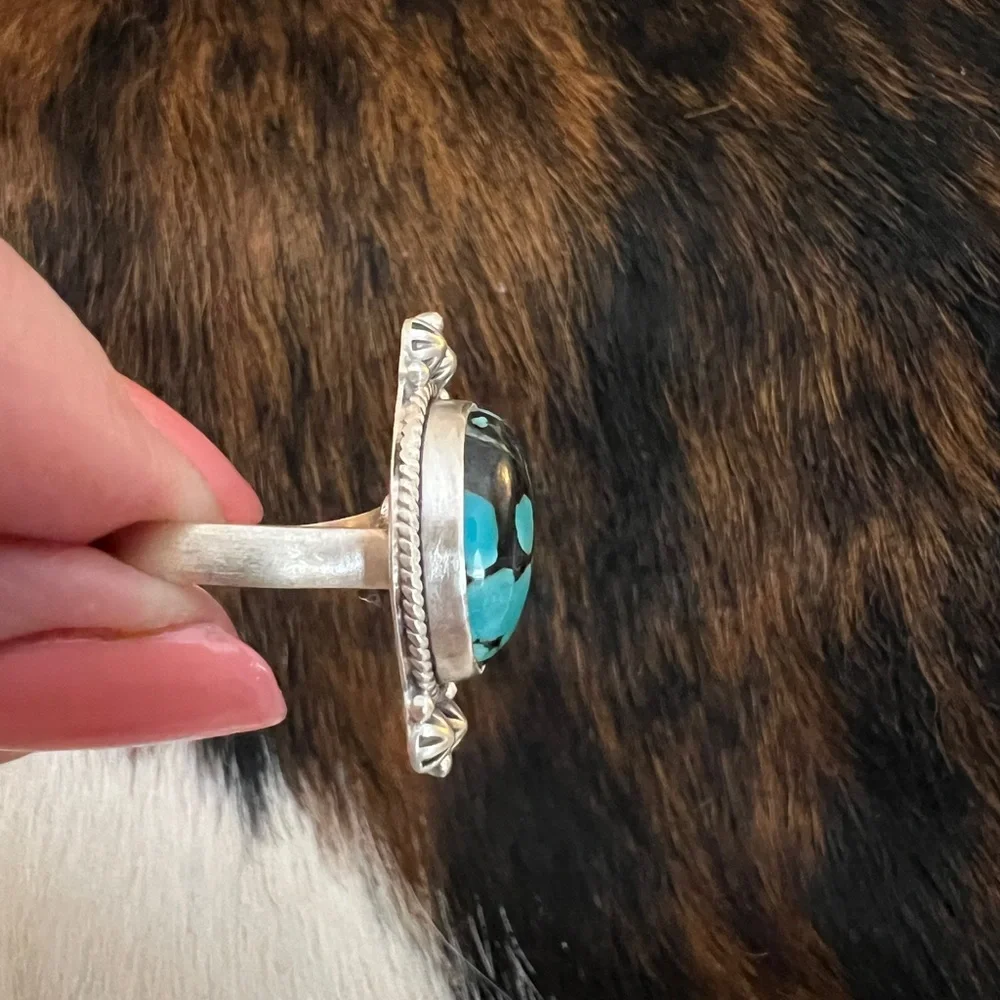 ❤️ Hubei Turquoise Navajo Style Spiderweb Decorative ADJ Oval Matte 925 Ring - Picture 10 of 14